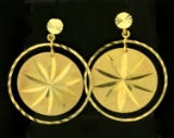 Round Star Design Dangle Earrings In 14k Yellow Gold