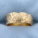 Antique Hand Crafted Flower And Heart Band Ring In 14k Yellow Gold