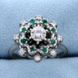 Diamond And Natural Emerald Starburst Ring In 14k White Gold