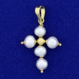 Akoya Pearl Cross Pendant In 18k Yellow Gold