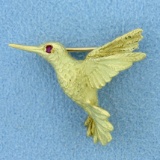 Ruby Hummingbird Pin In 18k Yellow Gold