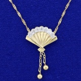 Asian Fan Design Diamond Dangle Necklace In 10k Yellow Gold