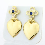 Blue And White Sapphire Dangle Heart Earrings In 18k Yellow Gold