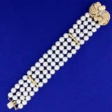 Vintage Four Strand Akoya Pearl And Diamond Bracelet In 14k Yellow Gold