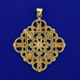 Large Italian Made Intricate Sun Design Pendant In 14k Yellow Gold