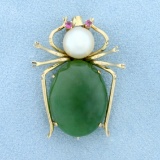 Vintage Jade, Pearl, And Ruby Spider Pin In 14k Yellow Gold