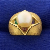 18k Gold Akoya Pearl Ring With Emerald, Ruby, Sapphire, And Amethyst Gemstones