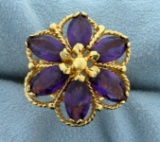 Large Flower Design Amethyst Statement Ring In 14k Yellow Gold