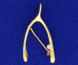 Diamond Wish Bone Pin In 14k Yellow Gold