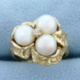 Akoya Pearl And Diamond Ring In 14k Yellow Gold