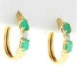 Natural Emerald And Diamond Hoop Earrings In 10k Yellow Gold