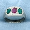 Antique 3-stone Emerald And Ruby Ring In Sterling Silver