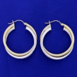 Large Twisting Designer Hoop Earrings In 14k Yellow And White Gold