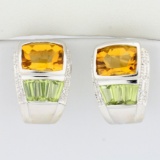 Half Hoop Diamond, Citrine, And Peridot Earrings In 14k White Gold