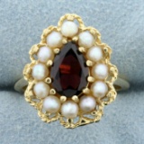 Vintage Garnet And Pearl Ring In 14k Yellow Gold