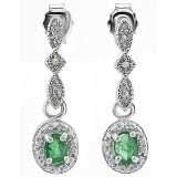 Vintage Style Emerald And Diamond Milgrain Dangle Earrings In Sterling Silver
