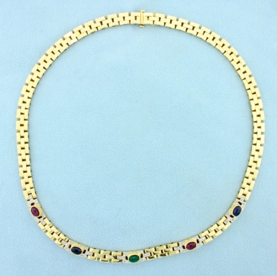 Natural Ruby, Sapphire, Emerald, And Diamond Cabochon Necklace In 14k Yellow Gold