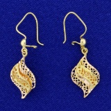 Diamond Cut Lace Design Dangle Earrings In 14k Yellow Gold