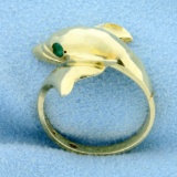 Emerald Eye Dolphin Porpoise Ring In 14k Yellow Gold