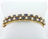 Vintage Sapphire And Cultured Pearl Hinged Bangle Bracelet In 14k Yellow Gold