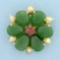 Large Vintage Jade And Ruby Flower Pin In 14k Yellow Gold
