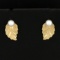 Akoya Pearl Leaf Design Earrings In 14k Yellow Gold