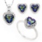 Heart Cut Ocean Mystic Topaz And Diamond Ring Earring And Necklace Set In Sterling Silver
