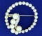 Vintage Cultured Akoya Pearl And Diamond Circle Pin In 14k White Gold