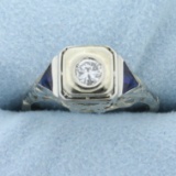 Vintage Diamond And Sapphire Ring In 14k White Gold