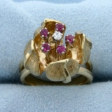 Vintage Ruby And Diamond Lotus Flower Hand-etched Ring In 14k Yellow Gold