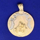 Large Double Sided Miraculous Medal And Blessed Virgin Mary Religious Pendant In 18k Yellow And Whit