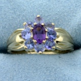 Amethyst And Tanzanite Flower Ring In 14k Yellow Gold