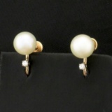 Screw Back Akoya Pearl And Diamond Earrings For Non-pierced Ears In 14k Yellow Gold