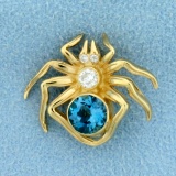 Diamond And Swiss Blue Topaz Spider Pin In 14k Yellow Gold