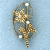 Antique Pearl And Diamond Flower Pin In 14k Yellow Gold