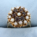 Vintage Garnet And Pearl Target Ring In 14k Yellow Gold