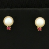 Akoya Pearl And Ruby Earrings In 14k Yellow Gold
