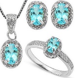 Sky Blue Topaz And Diamond Ring Earring And Necklace Set In Sterling Silver