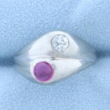 Vintage Old European Cut Diamond And Ruby Ring In 18k White Gold