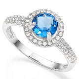 London Blue Topaz And Diamond Halo Style Ring In Sterling Silver