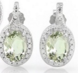 Green Amethyst And Diamond Earrings In Sterling Silver