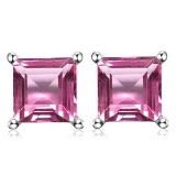 6mm Square Step Cut Lab Pink Sapphire Earrings In Sterling Silver