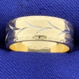 Woman's Wedding Band Ring With Etched Nature Design In 14k Yellow And White Gold