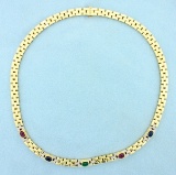 Natural Ruby, Sapphire, Emerald, And Diamond Cabochon Necklace In 14k Yellow Gold