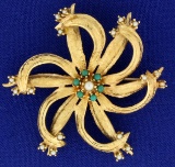 Large Vintage Seed Pearl Pinwheel Pin In 14k Gold