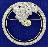 Antique Hand Crafted Fancy Yellow And White Diamond Brooch Pin In Platinum