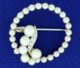Vintage Cultured Akoya Pearl And Diamond Circle Pin In 14k White Gold