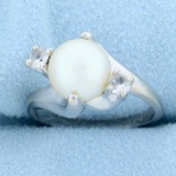 Cultured Akoya Pearl And White Sapphire Ring In 14k White Gold