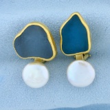 Signed Betsy Fuller Designer 18k Gold And Pearl Modernist Style Clip On Earrings