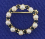 Vintage Pearl And Sapphire Circle Pin In 14k Yellow Gold